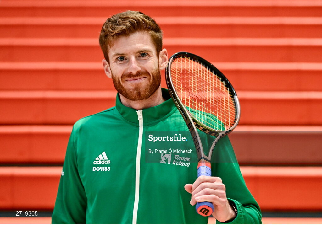 31 January 2024; David O'Hare poses for a portrait after an Ireland Tennis squad training session at the UL Sport Arena in Limerick, ahead of Ireland's Davis Cup World Group One play-off first round match with Austria. Photo by Piaras Ó Mídheach/Sportsfile