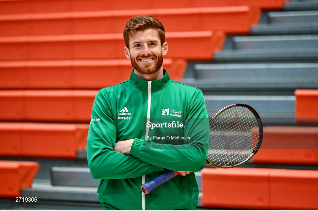31 January 2024; David O'Hare poses for a portrait after an Ireland Tennis squad training session at the UL Sport Arena in Limerick, ahead of Ireland's Davis Cup World Group One play-off first round match with Austria. Photo by Piaras Ó Mídheach/Sportsfile