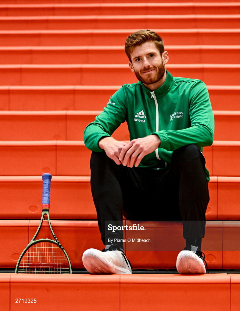 31 January 2024; David O'Hare poses for a portrait after an Ireland Tennis squad training session at the UL Sport Arena in Limerick, ahead of Ireland's Davis Cup World Group One play-off first round match with Austria.  Photo by Piaras Ó Mídheach/Sportsfile