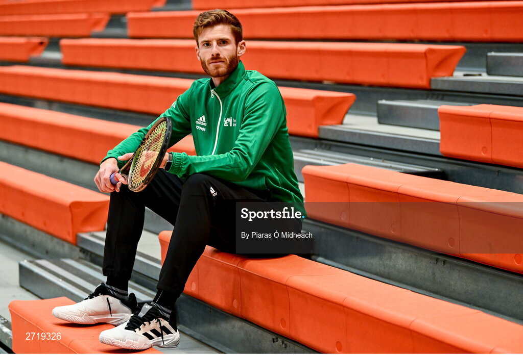 31 January 2024; David O'Hare poses for a portrait after an Ireland Tennis squad training session at the UL Sport Arena in Limerick, ahead of Ireland's Davis Cup World Group One play-off first round match with Austria.  Photo by Piaras Ó Mídheach/Sportsfile