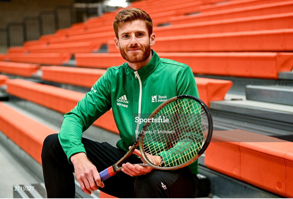 31 January 2024; David O'Hare poses for a portrait after an Ireland Tennis squad training session at the UL Sport Arena in Limerick, ahead of Ireland's Davis Cup World Group One play-off first round match with Austria.  Photo by Piaras Ó Mídheach/Sportsfile
