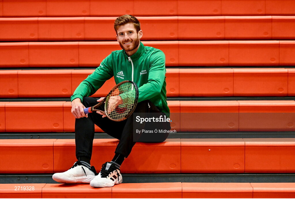 31 January 2024; David O'Hare poses for a portrait after an Ireland Tennis squad training session at the UL Sport Arena in Limerick, ahead of Ireland's Davis Cup World Group One play-off first round match with Austria.  Photo by Piaras Ó Mídheach/Sportsfile