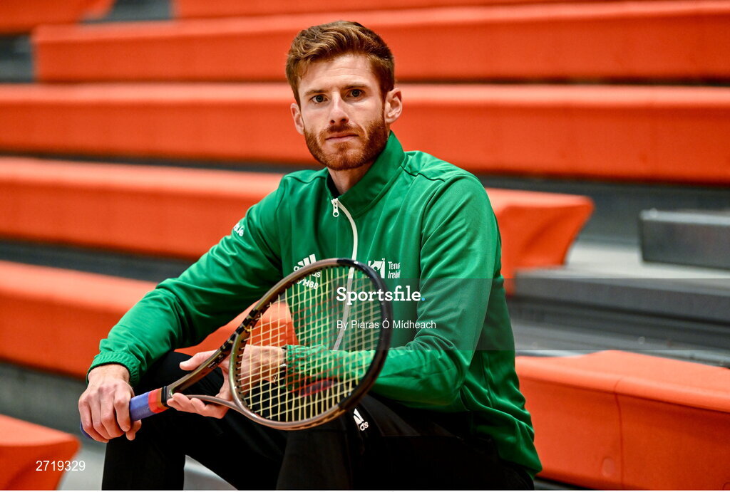31 January 2024; David O'Hare poses for a portrait after an Ireland Tennis squad training session at the UL Sport Arena in Limerick, ahead of Ireland's Davis Cup World Group One play-off first round match with Austria.  Photo by Piaras Ó Mídheach/Sportsfile