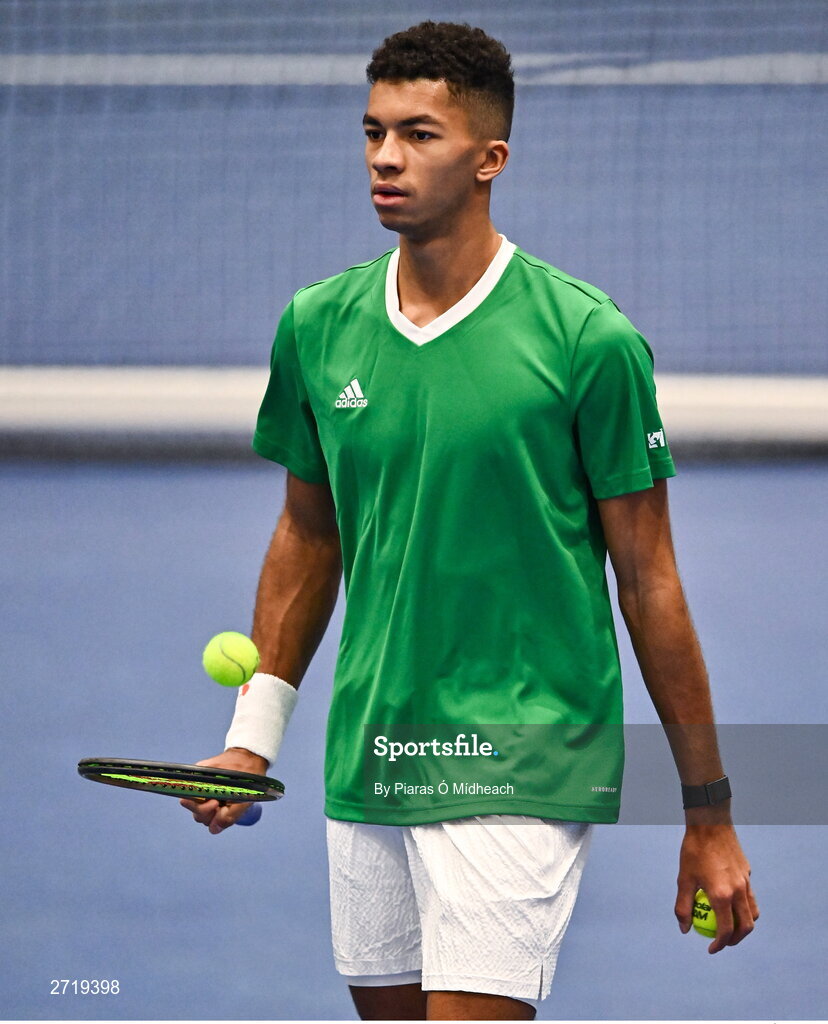31 January 2024; Michael Agwi during an Ireland Tennis squad training session at the UL Sport Arena in Limerick, ahead of Ireland's Davis Cup World Group One play-off first round match with Austria.  Photo by Piaras Ó Mídheach/Sportsfile