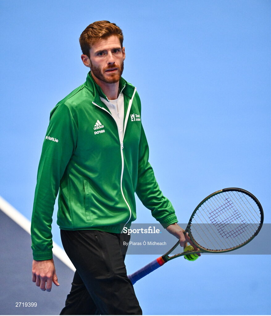 31 January 2024; David O'Hare during an Ireland Tennis squad training session at the UL Sport Arena in Limerick, ahead of Ireland's Davis Cup World Group One play-off first round match with Austria.  Photo by Piaras Ó Mídheach/Sportsfile