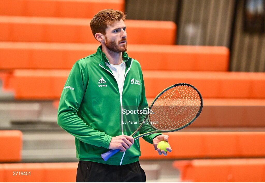 31 January 2024; David O'Hare during an Ireland Tennis squad training session at the UL Sport Arena in Limerick, ahead of Ireland's Davis Cup World Group One play-off first round match with Austria.  Photo by Piaras Ó Mídheach/Sportsfile