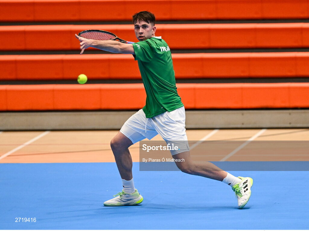 31 January 2024; Conor Gannon during an Ireland Tennis squad training session at the UL Sport Arena in Limerick, ahead of Ireland's Davis Cup World Group One play-off first round match with Austria.  Photo by Piaras Ó Mídheach/Sportsfile
