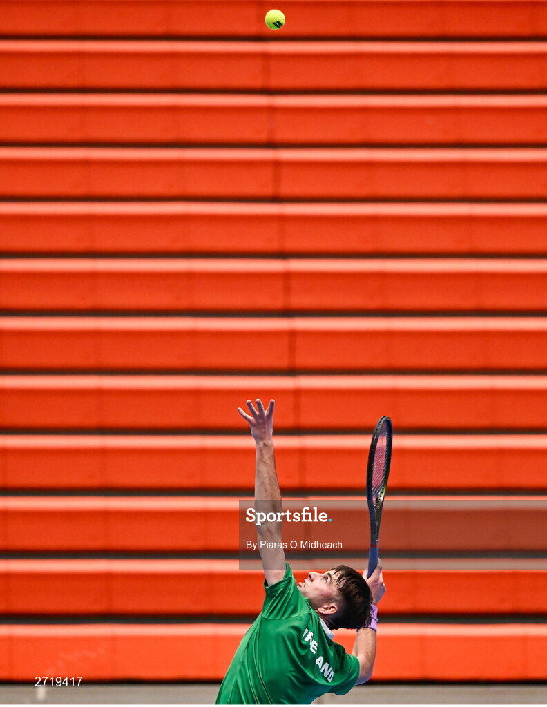 31 January 2024; Conor Gannon during an Ireland Tennis squad training session at the UL Sport Arena in Limerick, ahead of Ireland's Davis Cup World Group One play-off first round match with Austria.  Photo by Piaras Ó Mídheach/Sportsfile