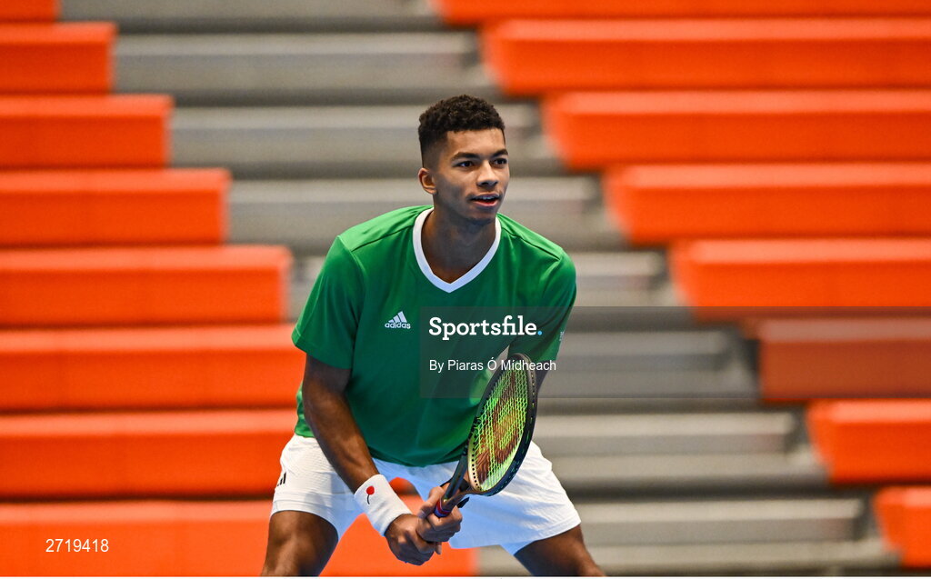 31 January 2024; Michael Agwi during an Ireland Tennis squad training session at the UL Sport Arena in Limerick, ahead of Ireland's Davis Cup World Group One play-off first round match with Austria.  Photo by Piaras Ó Mídheach/Sportsfile