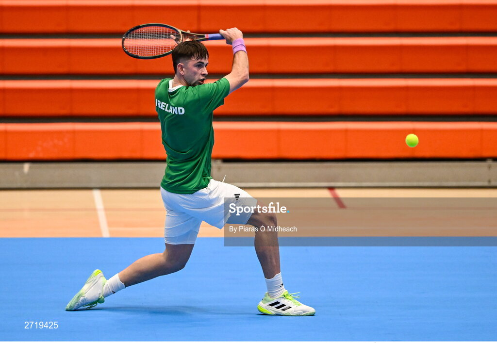 31 January 2024; Conor Gannon during an Ireland Tennis squad training session at the UL Sport Arena in Limerick, ahead of Ireland's Davis Cup World Group One play-off first round match with Austria.  Photo by Piaras Ó Mídheach/Sportsfile