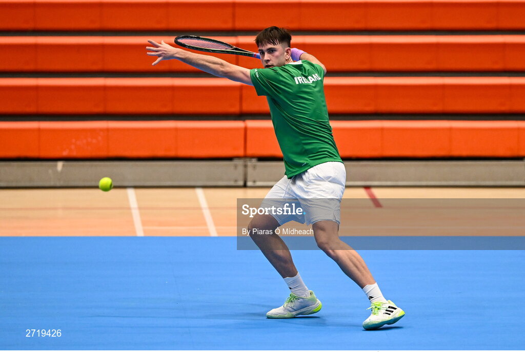 31 January 2024; Conor Gannon during an Ireland Tennis squad training session at the UL Sport Arena in Limerick, ahead of Ireland's Davis Cup World Group One play-off first round match with Austria.  Photo by Piaras Ó Mídheach/Sportsfile