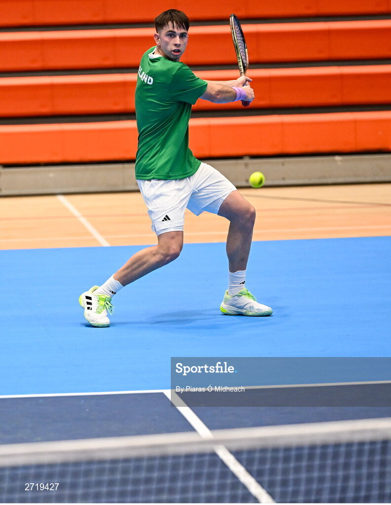 31 January 2024; Conor Gannon during an Ireland Tennis squad training session at the UL Sport Arena in Limerick, ahead of Ireland's Davis Cup World Group One play-off first round match with Austria.  Photo by Piaras Ó Mídheach/Sportsfile