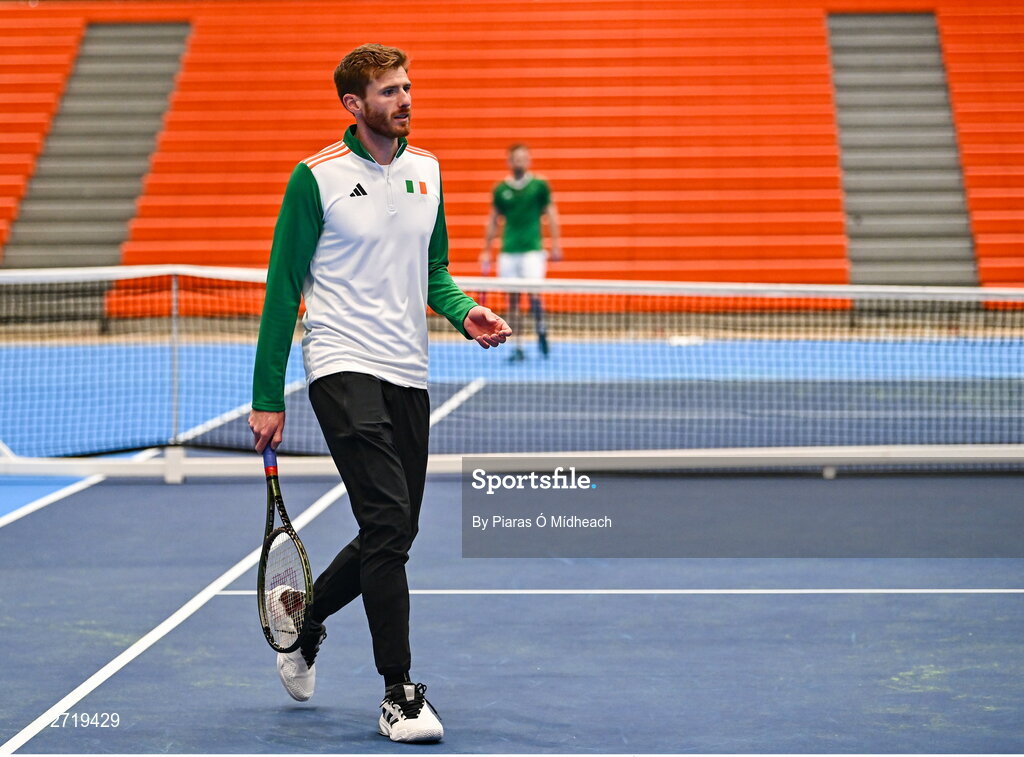 31 January 2024; David O'Hare during an Ireland Tennis squad training session at the UL Sport Arena in Limerick, ahead of Ireland's Davis Cup World Group One play-off first round match with Austria.  Photo by Piaras Ó Mídheach/Sportsfile