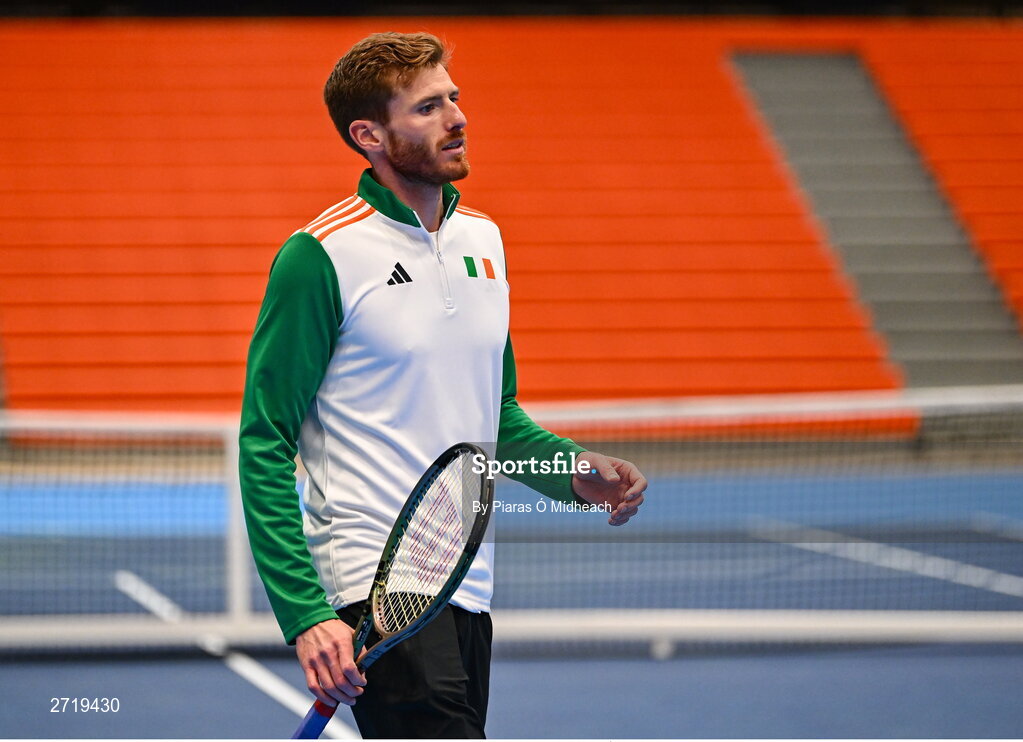 31 January 2024; David O'Hare during an Ireland Tennis squad training session at the UL Sport Arena in Limerick, ahead of Ireland's Davis Cup World Group One play-off first round match with Austria.  Photo by Piaras Ó Mídheach/Sportsfile