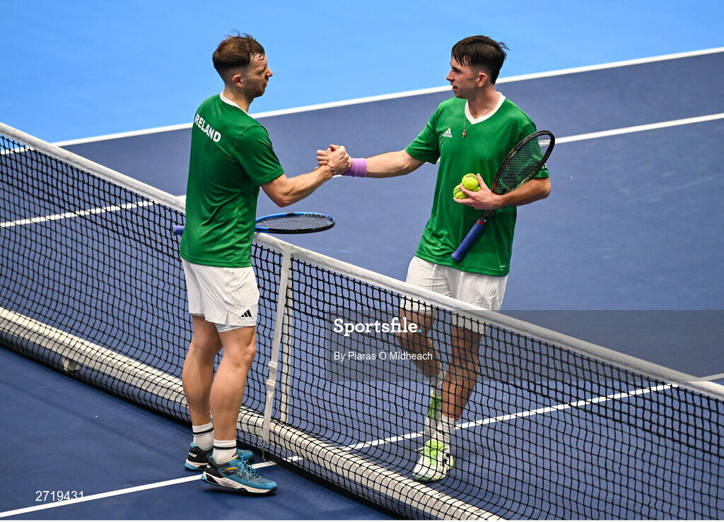 31 January 2024; Simon Carr, left, and Conor Gannon during an Ireland Tennis squad training session at the UL Sport Arena in Limerick, ahead of Ireland's Davis Cup World Group One play-off first round match with Austria.  Photo by Piaras Ó Mídheach/Sportsfile