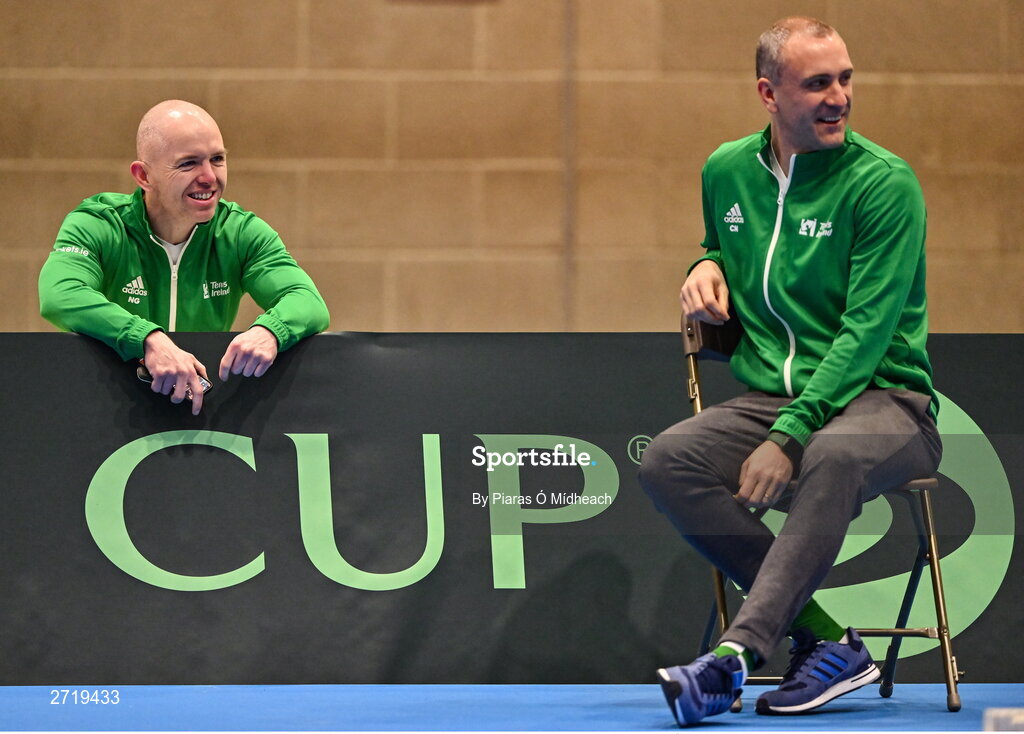 31 January 2024; Physiotherapist Nicky Green, left, and team captain Conor Niland during an Ireland Tennis squad training session at the UL Sport Arena in Limerick, ahead of Ireland's Davis Cup World Group One play-off first round match with Austria.  Photo by Piaras Ó Mídheach/Sportsfile