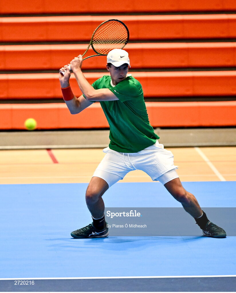 31 January 2024; Osgar Ó hOisín during an Ireland Tennis squad training session at the UL Sport Arena in Limerick, ahead of Ireland's Davis Cup World Group One play-off first round match with Austria.  Photo by Piaras Ó Mídheach/Sportsfile