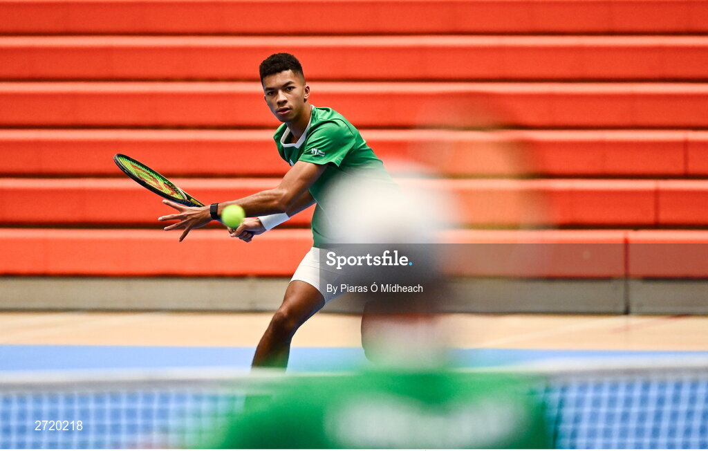 31 January 2024; Michael Agwi during an Ireland Tennis squad training session at the UL Sport Arena in Limerick, ahead of Ireland's Davis Cup World Group One play-off first round match with Austria.  Photo by Piaras Ó Mídheach/Sportsfile