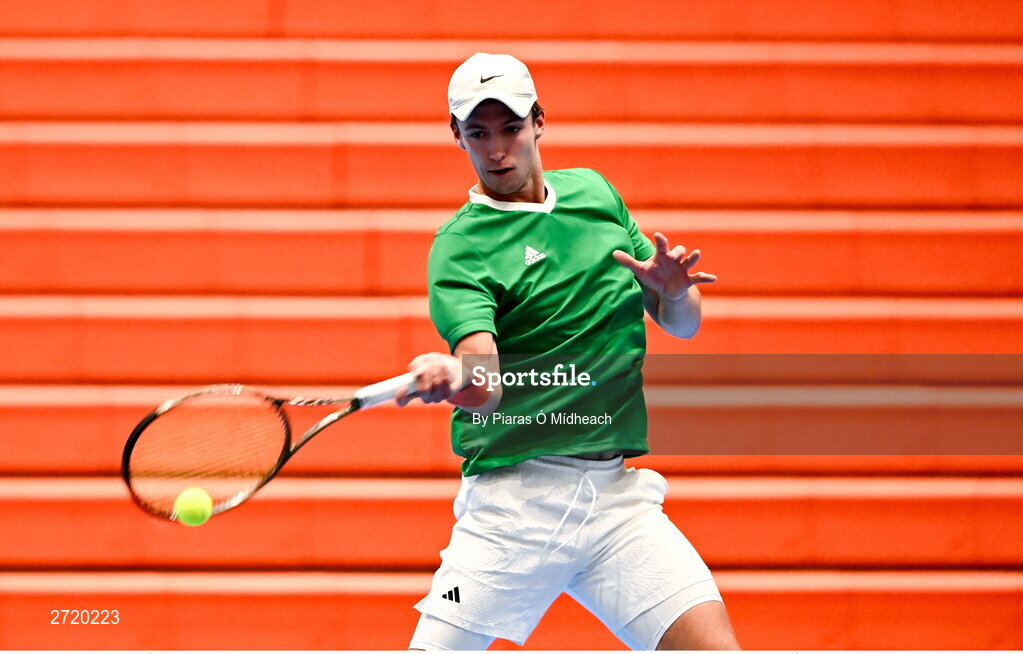 31 January 2024; Osgar Ó hOisín during an Ireland Tennis squad training session at the UL Sport Arena in Limerick, ahead of Ireland's Davis Cup World Group One play-off first round match with Austria.  Photo by Piaras Ó Mídheach/Sportsfile