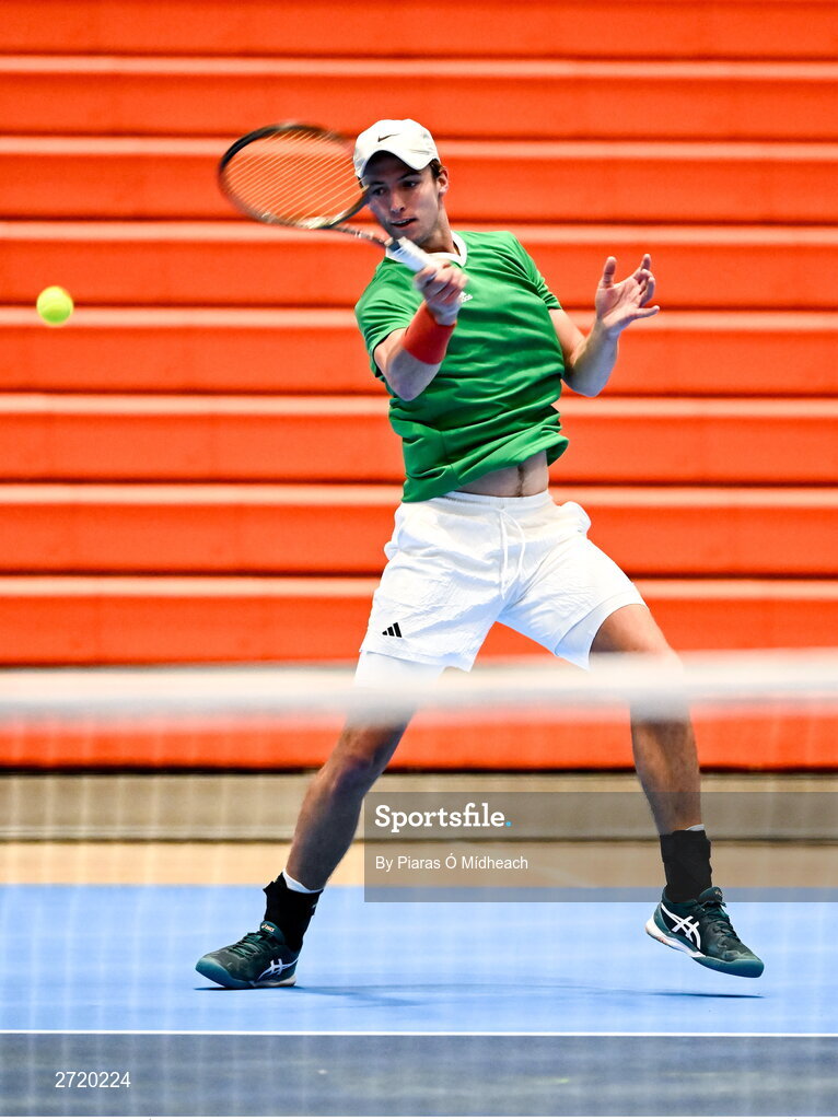31 January 2024; Osgar Ó hOisín during an Ireland Tennis squad training session at the UL Sport Arena in Limerick, ahead of Ireland's Davis Cup World Group One play-off first round match with Austria.  Photo by Piaras Ó Mídheach/Sportsfile