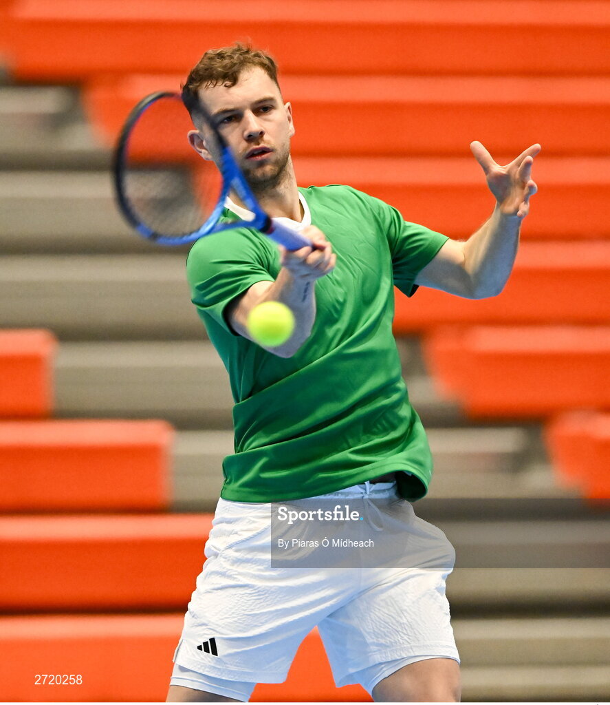 31 January 2024; Simon Carr during an Ireland Tennis squad training session at the UL Sport Arena in Limerick, ahead of Ireland's Davis Cup World Group One play-off first round match with Austria.  Photo by Piaras Ó Mídheach/Sportsfile