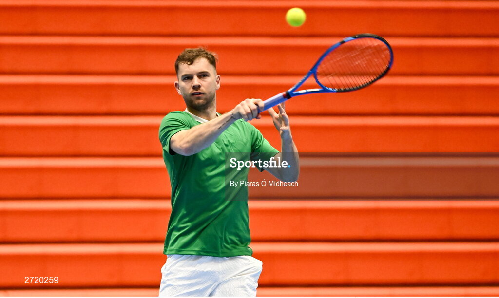 31 January 2024; Simon Carr during an Ireland Tennis squad training session at the UL Sport Arena in Limerick, ahead of Ireland's Davis Cup World Group One play-off first round match with Austria.  Photo by Piaras Ó Mídheach/Sportsfile