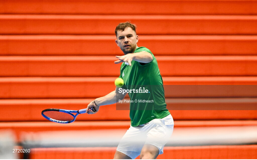 31 January 2024; Simon Carr during an Ireland Tennis squad training session at the UL Sport Arena in Limerick, ahead of Ireland's Davis Cup World Group One play-off first round match with Austria.  Photo by Piaras Ó Mídheach/Sportsfile