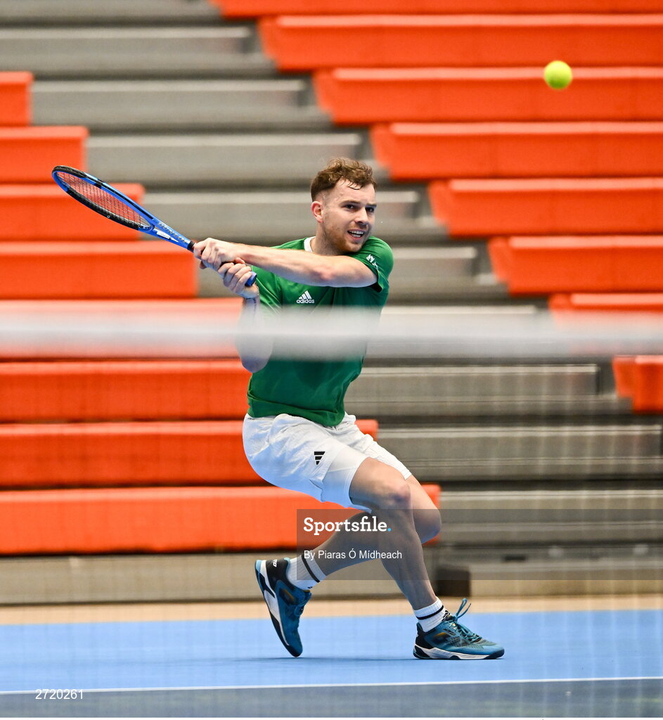 31 January 2024; Simon Carr during an Ireland Tennis squad training session at the UL Sport Arena in Limerick, ahead of Ireland's Davis Cup World Group One play-off first round match with Austria.  Photo by Piaras Ó Mídheach/Sportsfile