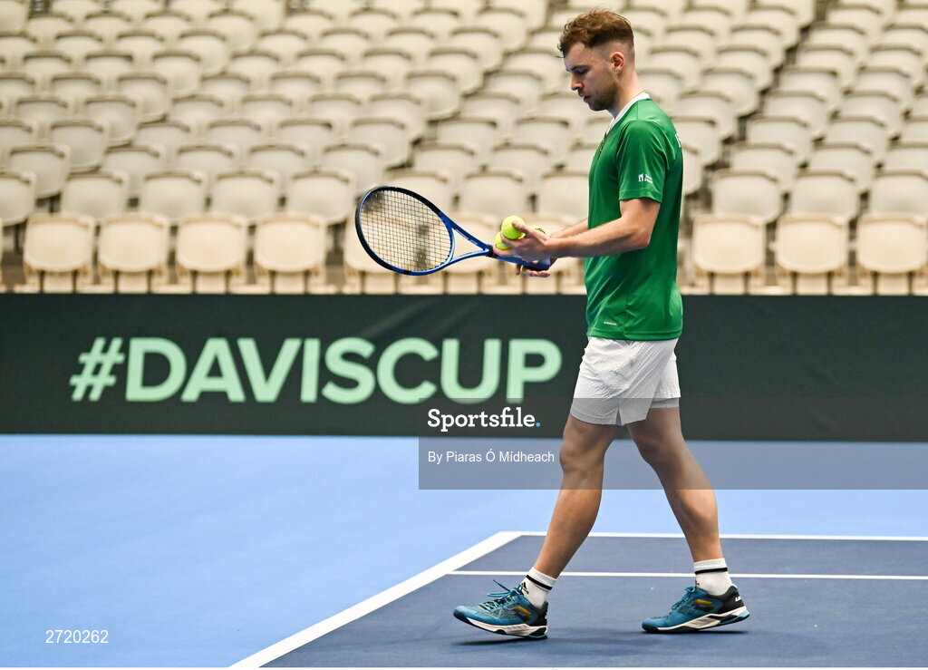 31 January 2024; Simon Carr during an Ireland Tennis squad training session at the UL Sport Arena in Limerick, ahead of Ireland's Davis Cup World Group One play-off first round match with Austria.  Photo by Piaras Ó Mídheach/Sportsfile
