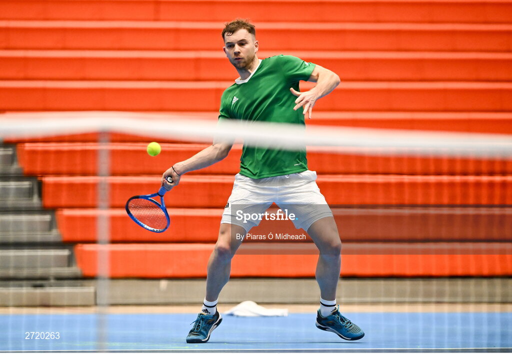 31 January 2024; Simon Carr during an Ireland Tennis squad training session at the UL Sport Arena in Limerick, ahead of Ireland's Davis Cup World Group One play-off first round match with Austria.  Photo by Piaras Ó Mídheach/Sportsfile
