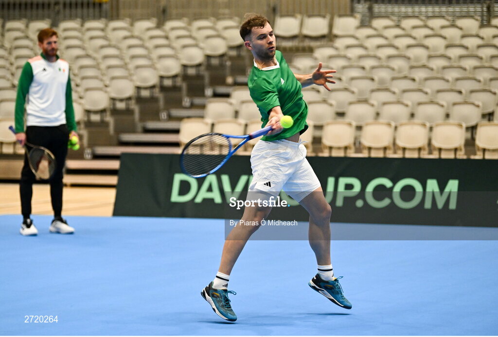 31 January 2024; Simon Carr during an Ireland Tennis squad training session at the UL Sport Arena in Limerick, ahead of Ireland's Davis Cup World Group One play-off first round match with Austria.  Photo by Piaras Ó Mídheach/Sportsfile