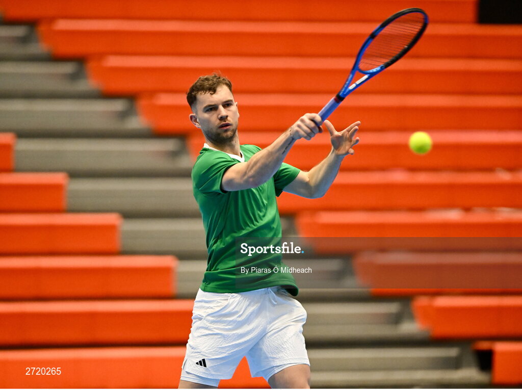 31 January 2024; Simon Carr during an Ireland Tennis squad training session at the UL Sport Arena in Limerick, ahead of Ireland's Davis Cup World Group One play-off first round match with Austria.  Photo by Piaras Ó Mídheach/Sportsfile