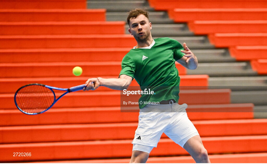 31 January 2024; Simon Carr during an Ireland Tennis squad training session at the UL Sport Arena in Limerick, ahead of Ireland's Davis Cup World Group One play-off first round match with Austria.  Photo by Piaras Ó Mídheach/Sportsfile
