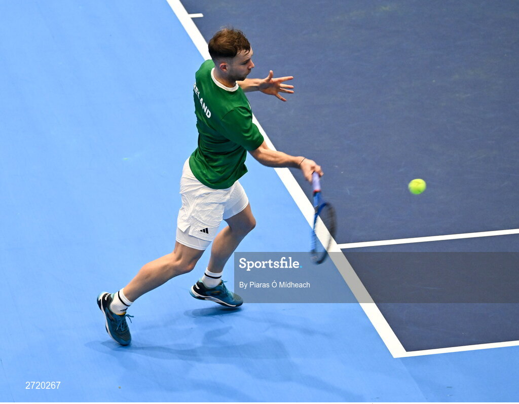 31 January 2024; Simon Carr during an Ireland Tennis squad training session at the UL Sport Arena in Limerick, ahead of Ireland's Davis Cup World Group One play-off first round match with Austria.  Photo by Piaras Ó Mídheach/Sportsfile