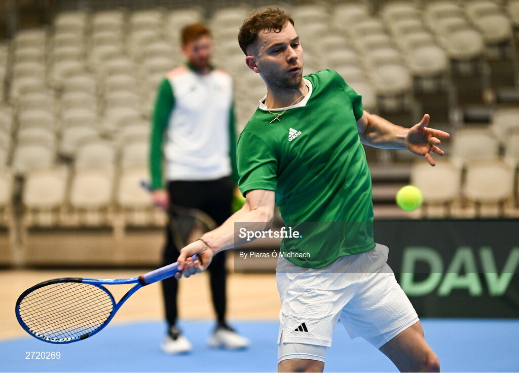 31 January 2024; Simon Carr during an Ireland Tennis squad training session at the UL Sport Arena in Limerick, ahead of Ireland's Davis Cup World Group One play-off first round match with Austria.  Photo by Piaras Ó Mídheach/Sportsfile