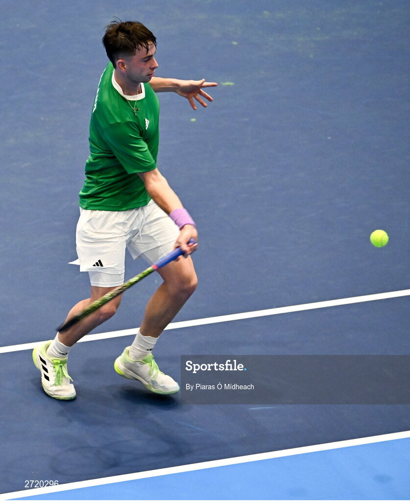 31 January 2024; Conor Gannon during an Ireland Tennis squad training session at the UL Sport Arena in Limerick, ahead of Ireland's Davis Cup World Group One play-off first round match with Austria.  Photo by Piaras Ó Mídheach/Sportsfile