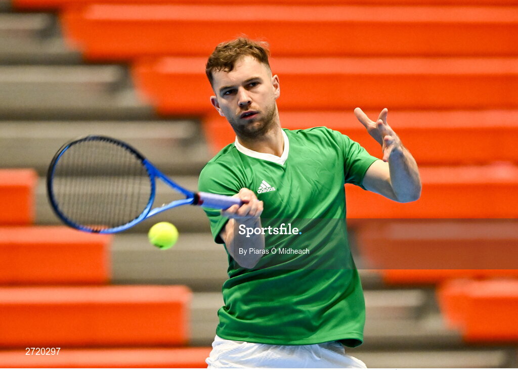 31 January 2024; Simon Carr during an Ireland Tennis squad training session at the UL Sport Arena in Limerick, ahead of Ireland's Davis Cup World Group One play-off first round match with Austria.  Photo by Piaras Ó Mídheach/Sportsfile