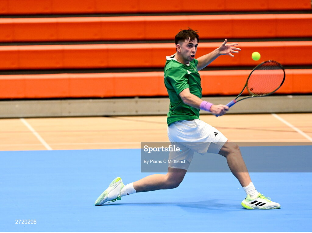 31 January 2024; Conor Gannon during an Ireland Tennis squad training session at the UL Sport Arena in Limerick, ahead of Ireland's Davis Cup World Group One play-off first round match with Austria.  Photo by Piaras Ó Mídheach/Sportsfile