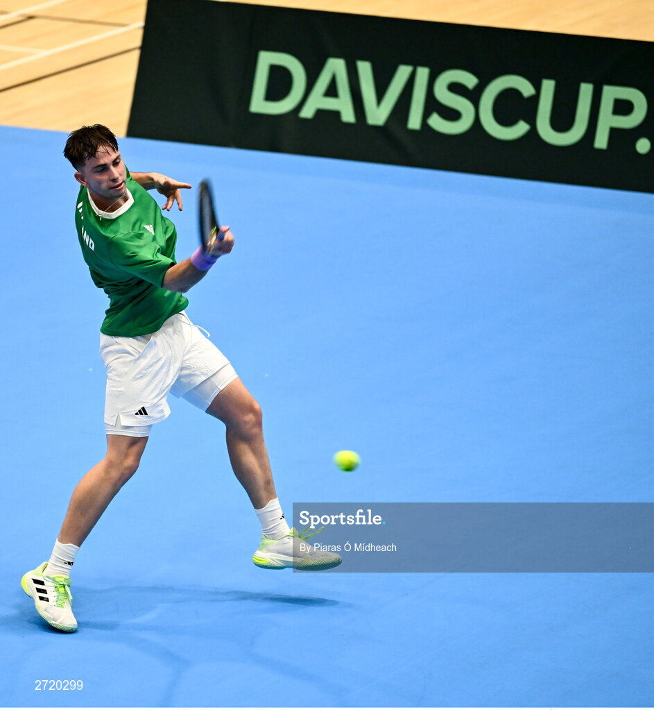 31 January 2024; Conor Gannon during an Ireland Tennis squad training session at the UL Sport Arena in Limerick, ahead of Ireland's Davis Cup World Group One play-off first round match with Austria.  Photo by Piaras Ó Mídheach/Sportsfile