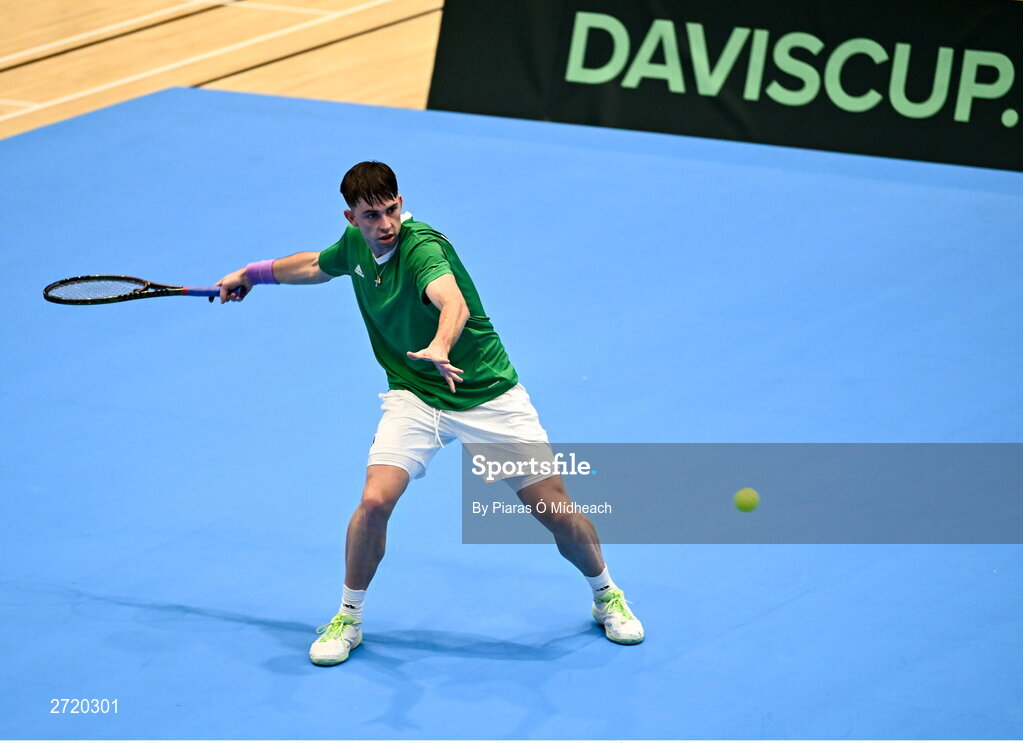 31 January 2024; Conor Gannon during an Ireland Tennis squad training session at the UL Sport Arena in Limerick, ahead of Ireland's Davis Cup World Group One play-off first round match with Austria.  Photo by Piaras Ó Mídheach/Sportsfile