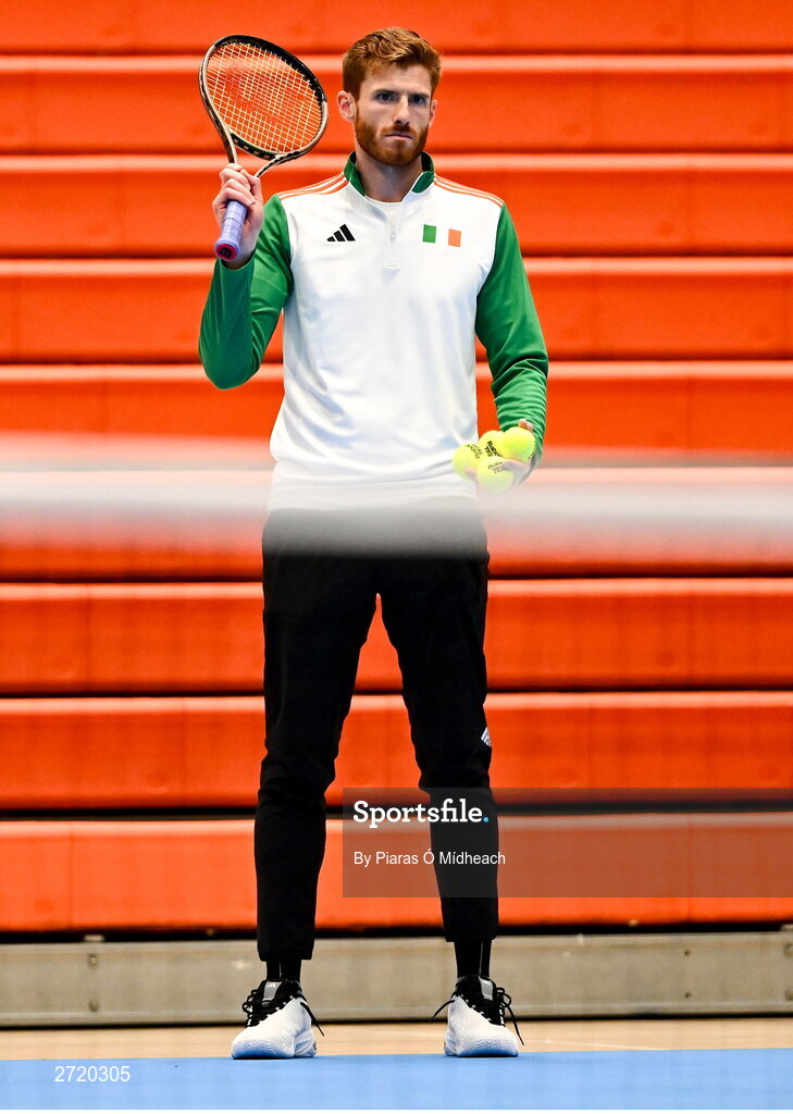 31 January 2024; David O'Hare during an Ireland Tennis squad training session at the UL Sport Arena in Limerick, ahead of Ireland's Davis Cup World Group One play-off first round match with Austria.  Photo by Piaras Ó Mídheach/Sportsfile