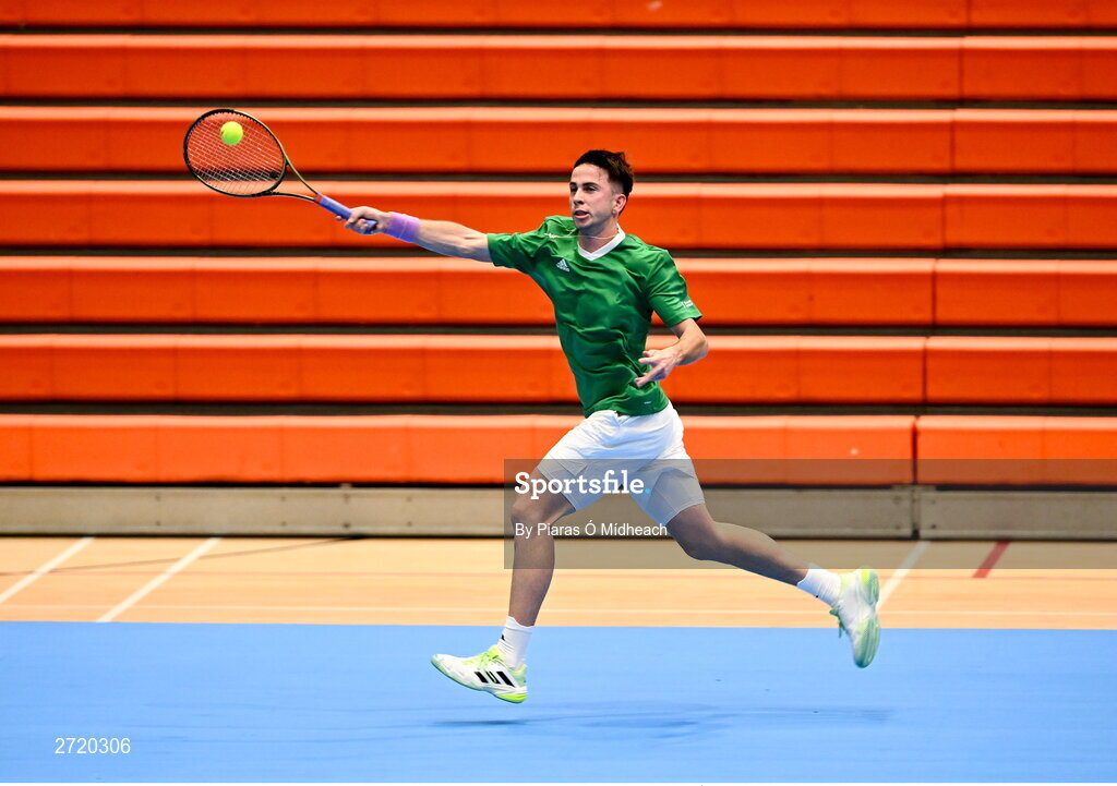31 January 2024; Conor Gannon during an Ireland Tennis squad training session at the UL Sport Arena in Limerick, ahead of Ireland's Davis Cup World Group One play-off first round match with Austria.  Photo by Piaras Ó Mídheach/Sportsfile