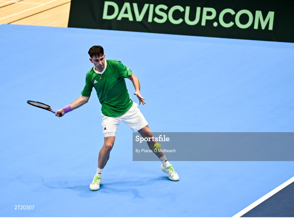 31 January 2024; Conor Gannon during an Ireland Tennis squad training session at the UL Sport Arena in Limerick, ahead of Ireland's Davis Cup World Group One play-off first round match with Austria.  Photo by Piaras Ó Mídheach/Sportsfile