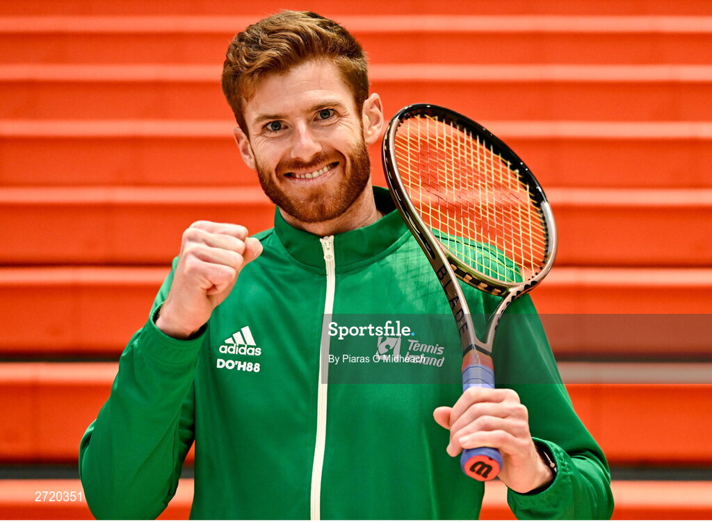 31 January 2024; David O'Hara poses for a portrait after an Ireland Tennis squad training session at the UL Sport Arena in Limerick, ahead of Ireland's Davis Cup World Group One play-off first round match with Austria.  Photo by Piaras Ó Mídheach/Sportsfile