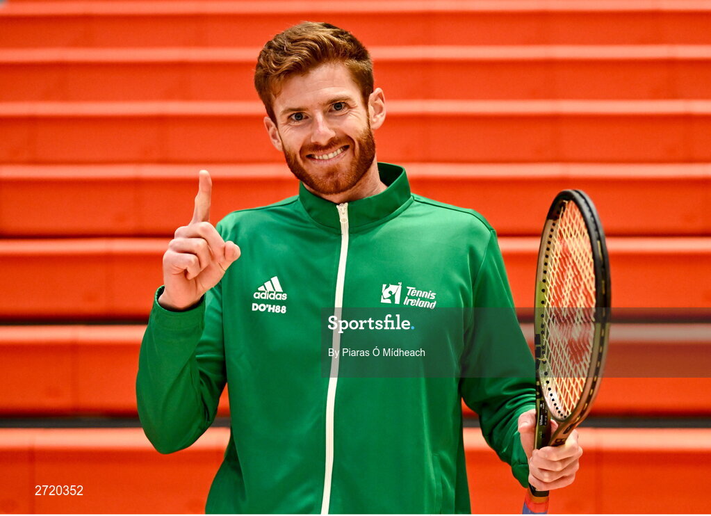 31 January 2024; David O'Hara poses for a portrait after an Ireland Tennis squad training session at the UL Sport Arena in Limerick, ahead of Ireland's Davis Cup World Group One play-off first round match with Austria.  Photo by Piaras Ó Mídheach/Sportsfile