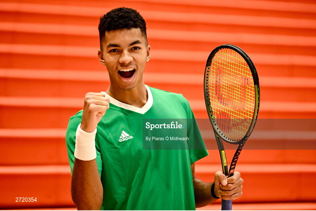 31 January 2024; Michael Agwi poses for a portrait after an Ireland Tennis squad training session at the UL Sport Arena in Limerick, ahead of Ireland's Davis Cup World Group One play-off first round match with Austria.  Photo by Piaras Ó Mídheach/Sportsfile