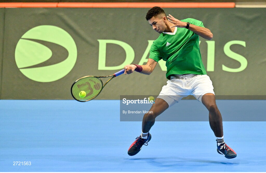 2 February 2024; Michael Agwi during an Ireland Tennis squad training session at the UL Sport Arena in Limerick, ahead of Ireland's Davis Cup World Group One play-off first round match with Austria. Photo by Brendan Moran/Sportsfile