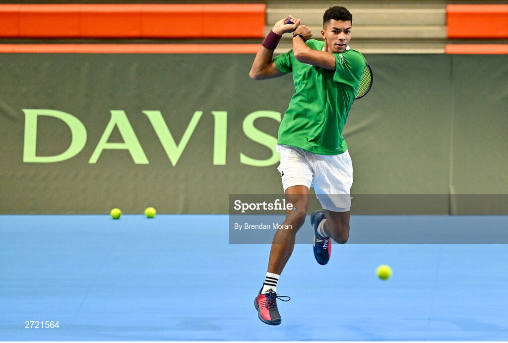 2 February 2024; Michael Agwi during an Ireland Tennis squad training session at the UL Sport Arena in Limerick, ahead of Ireland's Davis Cup World Group One play-off first round match with Austria. Photo by Brendan Moran/Sportsfile