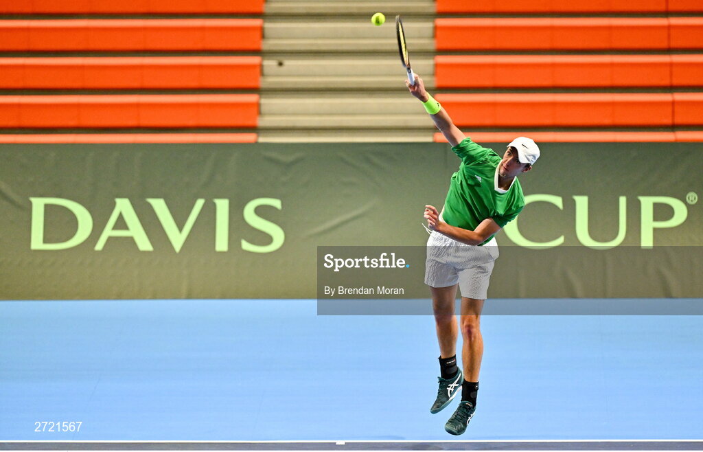 2 February 2024; Osgar Ó hOisín during an Ireland Tennis squad training session at the UL Sport Arena in Limerick, ahead of Ireland's Davis Cup World Group One play-off first round match with Austria. Photo by Brendan Moran/Sportsfile