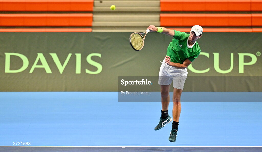 2 February 2024; Osgar Ó hOisín during an Ireland Tennis squad training session at the UL Sport Arena in Limerick, ahead of Ireland's Davis Cup World Group One play-off first round match with Austria. Photo by Brendan Moran/Sportsfile